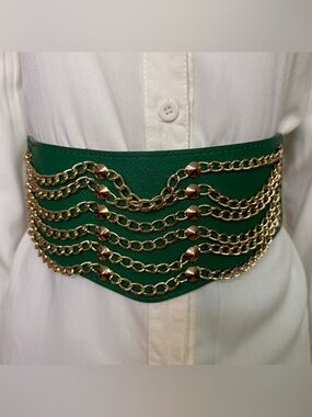 Green studded  PU leather elastic waistband belt with gold tone chain details